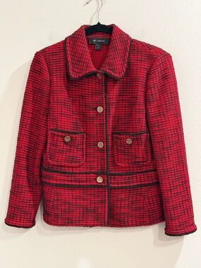 St. John Black Label Size 6 Red Black Tweed Knit Blazer Jacket USA Old Money